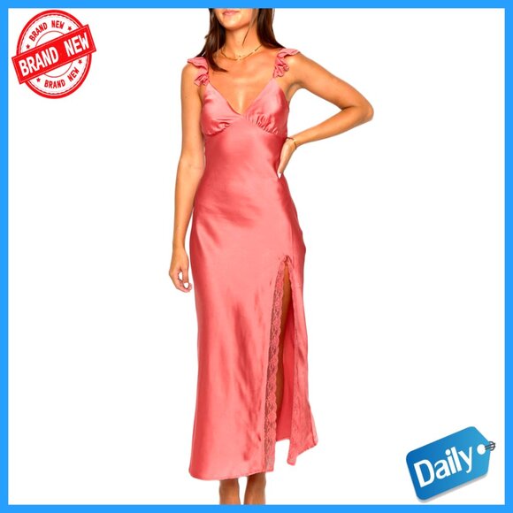 Satin Lace Backless Maxi Dress Formal Elegant Wedding Guest Slit Ruffled